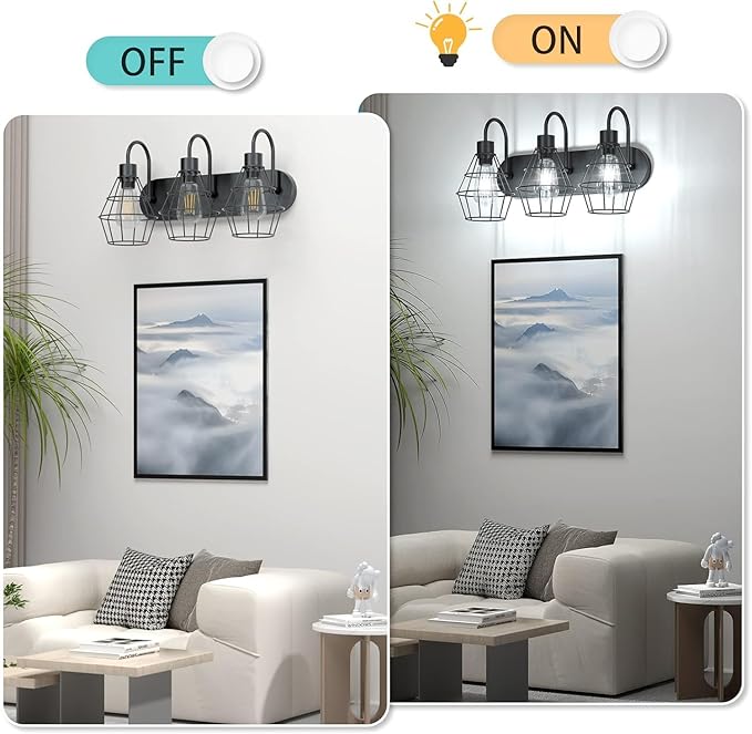 Retro Style Industrial Bathroom Vanity Light 3 Lights, Vintage Matte Black Wall Sconce with Caged, E26 Base Farmhouse Wall Light Fixture for Bathroom Vanity