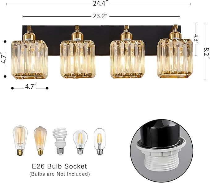 Modern Crystal Bathroom Vanity Light 4-Lights Modern Black Gold Crystal Bathroom Wall Light Over Mirror Vanity Light Fixtures