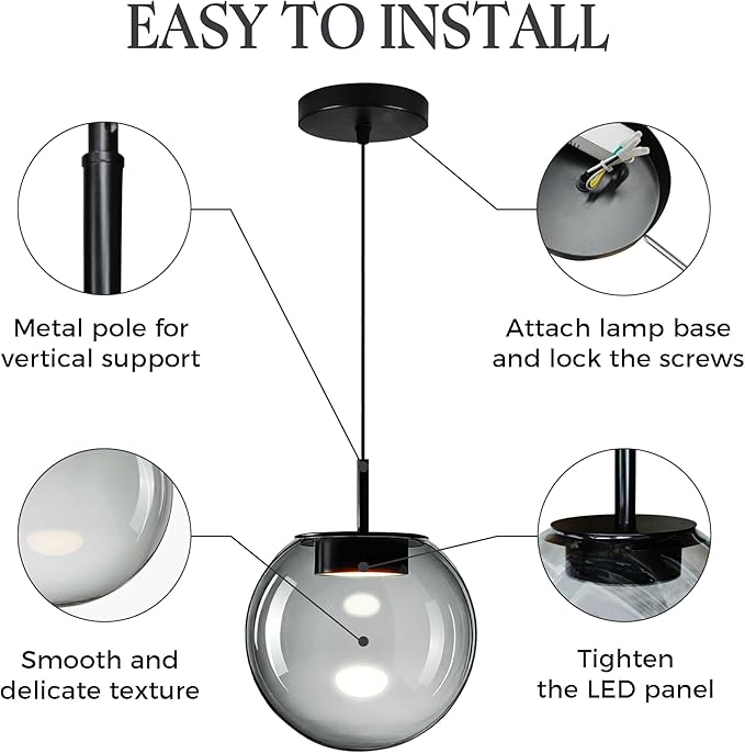 Advanced 3CCT Smoke Glass Pendant Light, Built-in LED Panel for Ultra-Even, Glare-Free Lighting, Modern Design and Stylist Fixture for Kitchen Island, Dining Table and Bedside(7.9in, 3-Pack)