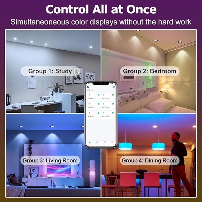 LightingWill 2 Inch Recessed Lighting, Smart WiFi LED Downlight, 5W LED Ceiling Light Compatible with Alexa/Google Assistant, Dimmable RGB & 2700K-6500K, 120V with Driver, Black Trim (4 Pack)