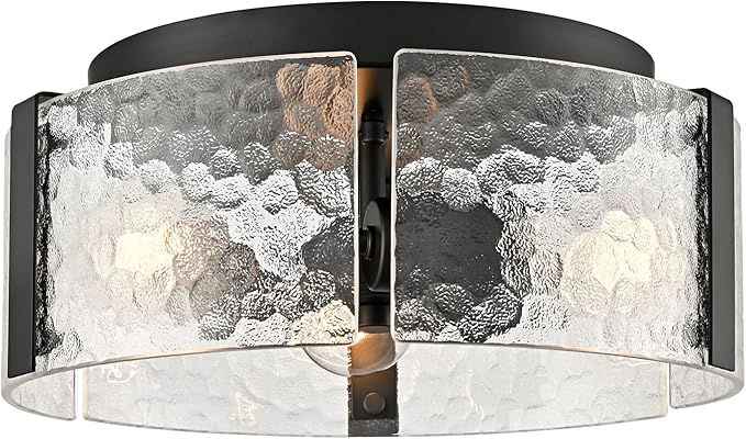 CLAXY Farmhouse Ceiling Light Fixture 3-Light Black Hallway Ceiling Light with Handmade Textured Glass Drum Shade, Dimmable Flush Mount Light for Bedroom Entryway Kitchen