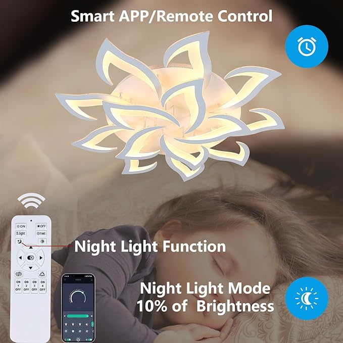 Goeco Modern Ceiling Light, 14-Petals LED Dimmable White Acrylic Flower Design Flush Mount Ceiling Light, 3000K-6500K with APP/Remote Control for Living Room, Dining Room, Kitchen