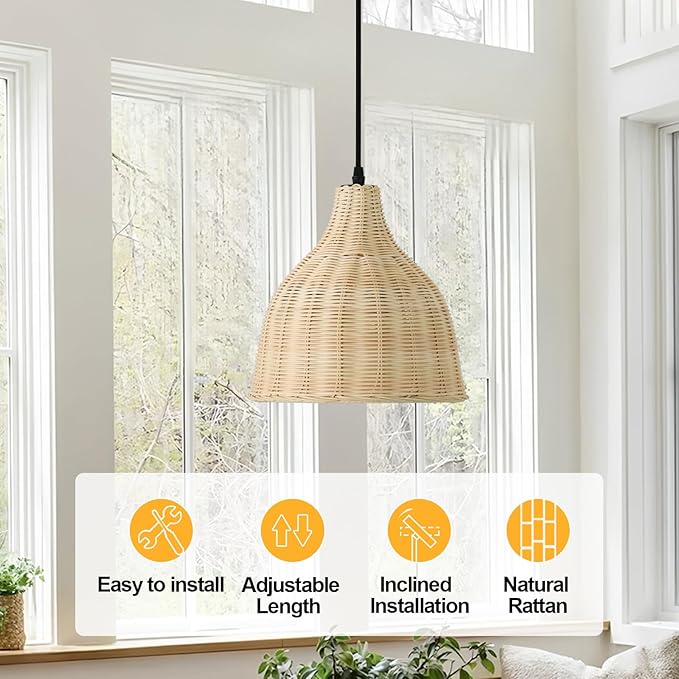 TERLEENART Hard Wired Rattan Pendant Lights Set of 2,Boho Wicker Chandelier with 9.84” Dome Shade, Basket Hand Woven Hanging Lamp for Coastal Kitchen Island Dining Room Living Room Bar Foyer Hallway