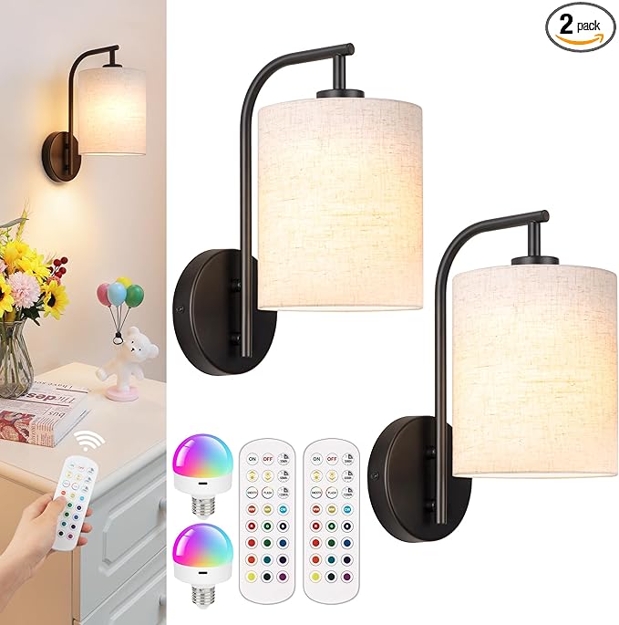 MATAMEYE Battery Operated Wall Sconce Set of 2, Black Rechargeable Wireless Wall Light Fixture with Remote, 12 RGB Colors & Timer, Indoor Dimmable Wall Lamp with Linen Shade