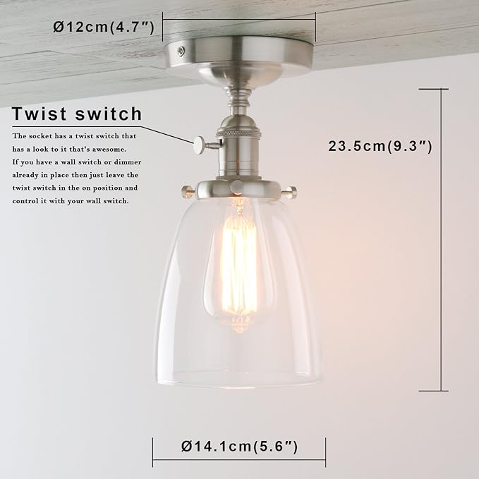 PERMO Modern Small Semi Flush Mount Ceiling Pendant Light Glass Ceiling Lights Hallway Fixtures with Flate Ribbed Glass Lampshade, 1-Light (Brushed, 292)