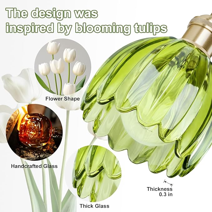 Vintage Bathroom Light Fixtures,5-Light Hardwired Vanity Lights with Green Tulip Glass Shade,Gold Bathroom Vanity Light for Mirror Restroom,E26 Socket,33.46 in(Bulbs Not Included)