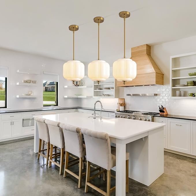 Vintage Milk Glass Pendant Lights 9.8 Inch Mid Century Modern Hanging Ceiling Light, Adjustable Height Kitchen Island Hanging Lights for Dining Room, Kitchen, Hallway and Bedroom, E26 Base