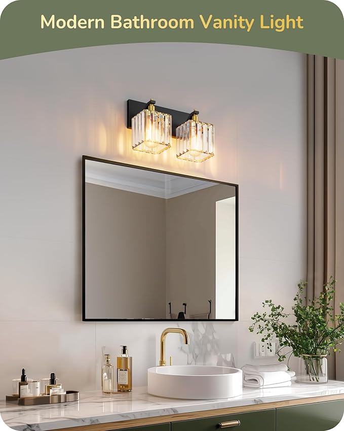 EDISHINE Bathroom Light Fixtures, Crystal Bathroom Vanity Lighting Fixtures Over Mirror, 2 Light Vanity Lights for Bath, Powder Room, E26 Base, Black Gold