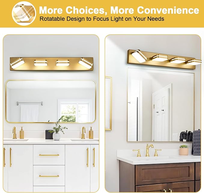 360° Rotate LED Bathroom Vanity Light Fixtures, 1600LM Acrylic Gold Vanity Lights for Bathroom, Modern Wall Lighting Fixtures Over Mirror Kitchen Living Room Hallway (Natural White Light 5000K)