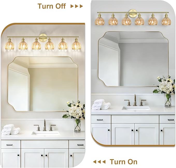 Vintage Bathroom Light Fixtures,6-Light Hardwired Vanity Lights with Amber Tulip Glass Shade,Gold Bathroom Vanity Light for Mirror Restroom,E26 Socket,40.55 in(Bulbs Not Included)