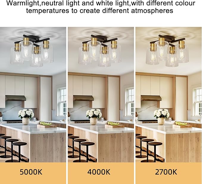 4-Light Semi Flush Mount Ceiling Light, Black and Gold Kitchen Lighting Fixtures Ceiling, Farmhouse Ceiling Light with Clear Glass Shade for Hallway, Living Room, Foyer, Bedroom