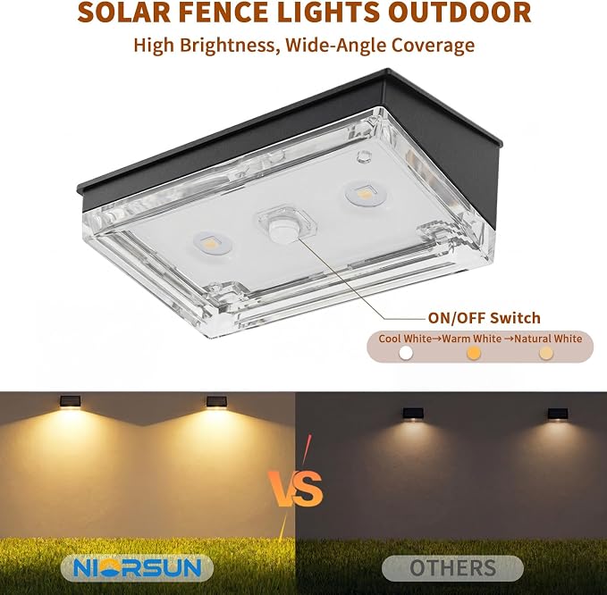 NIORSUN Solar Fence Lights 12 Pack, Outdoor Solar Lights with 3 Color Temperatures, IP65 Waterproof Wide-Angle LED Lighting for Fence, Patio, Yard, Deck, Wall, Garden (Black)