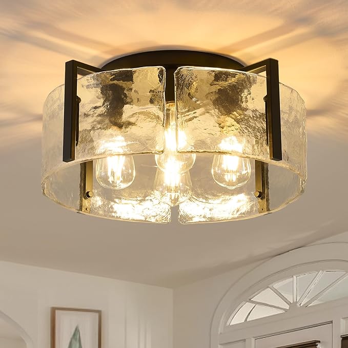 Black Semi Flush Mount Ceiling Light Fixture, 17.7-Inch Glass Drum Flush Mount Light Farmhouse Modern Lights Kitchen Lighting Fixtures for Foyer Entryway Hallway Bathroom Bedroom Laundry Room