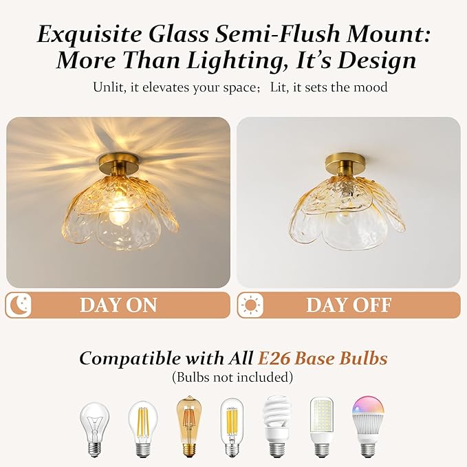 Vintage Semi Flush Mount Ceiling Light,Bronze Ceiling Light Fixtures with Gradient Amber Handmade Leaf Glass for Bedroom,Kitchen,Hallway,Entryway