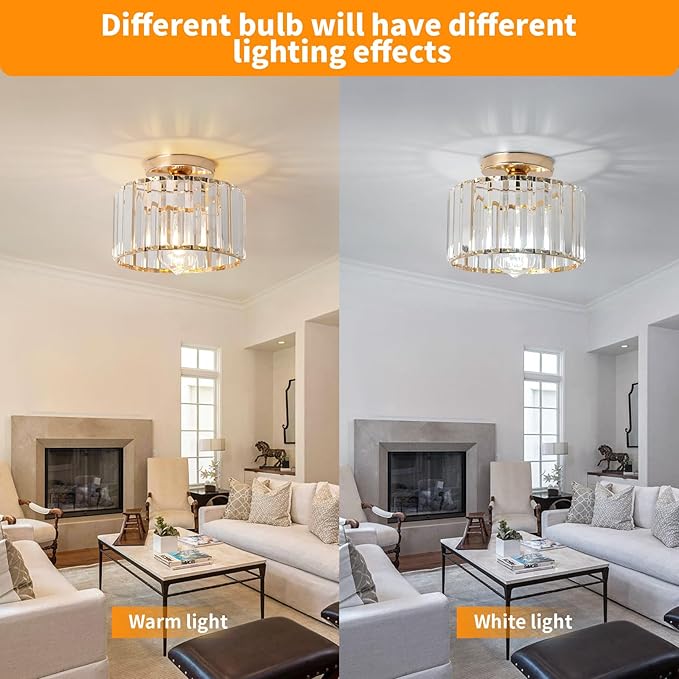9 Inch Gold Crystal Ceiling Light Fixture - Modern Semi-Flush Mount Chandelier with Premium Crystals for Entryway, Dining Room, Bedroom, Kitchen