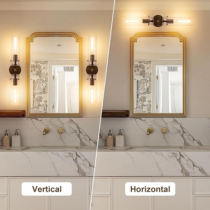 Brass Bronze 2-Light Knurled Wall Sconce, Dual-Head Vanity Lamp Set of Two with Clear Glass Tube, Bathroom Wall Sconces, Wall Lights for Living Room Bedroom Hallway Kitchen Bathroom Mirror