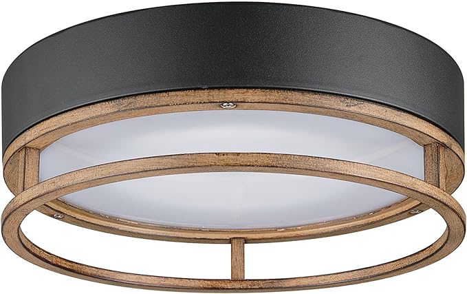GLOBE Electric 44663 1-Light Integrated LED Outdoor/Indoor Flush Mount Ceiling Light, Matte Black and Faux Wood Finish, Frosted Diffuser, Weather Resistant, Modern Rustic Design