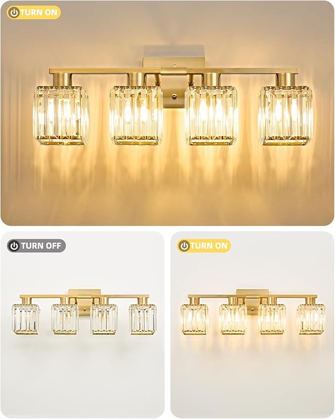 OKELI 4-Light Bathroom Light Fixtures, Modern Gold Crystal Wall Light for Bathroom,Lighting Fixtures Over Mirror