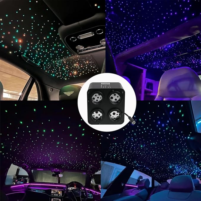 AMKI Updated 4Color Twinkle 36w Starlight Headliner Kits 800pcs 0.03in 13.1ft Fiber Optic Light Cable 4 Ports Starlight Box App/Remote Control Sound Mode for Car Home Ceiling Decoration