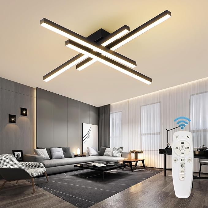 Modern LED Ceiling Lights 43.3" Black Flush Mount Ceiling Light Fixture Sputnik Dimmable Ceiling Lights with Remote Control for Bedroom Living Room Kitchen Room(4 Lights)