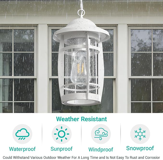 LOUSACE 1-Light Outdoor Pendant Lights for Porch, Exterior Hanging Porch Light Fixture Ceiling Mount Outdoor Chandelier, Waterproof White Aluminum Finish with Seeded Glass, for Gazebo Patio Entrance