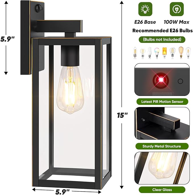 Upgraded Motion Sensor Outdoor Wall Light, Large Size Dusk to Dawn Porch Light Outdoor Wall Sconce Lantern, 3 Lighting Modes Exterior Lighting Fixture Wall Mount, Bronze Outside Light for House Garage