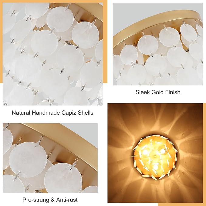 11.8" Capiz Shell Ceiling Light Fixtures, 3 Light Boho Shells Flush Mount Ceiling Light for Bedroom, Hallway, Entryway, Bathroom, Brushed Brass