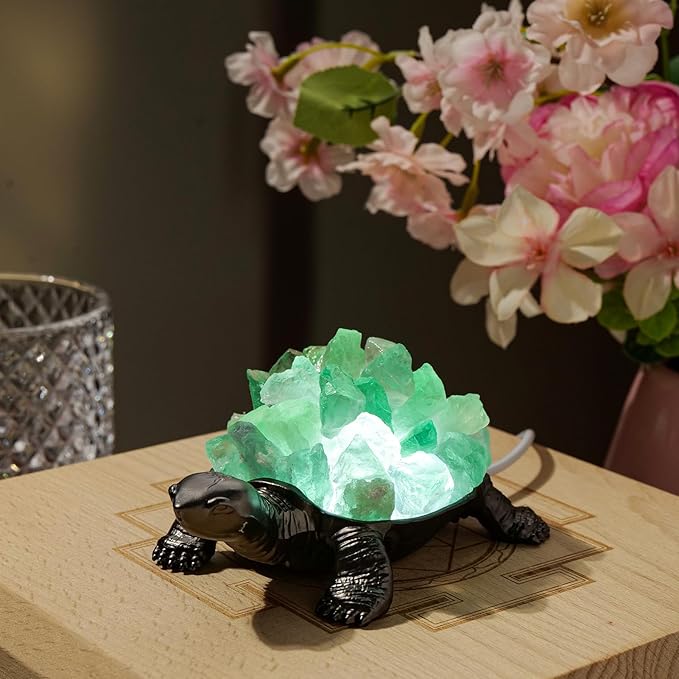 Runyangshi Natural Green Fluorite Turtle Night Lamp Healing Crystal Bedroom Bedside Table Lamp USB Port Home Decoration Women Men Decor Gift