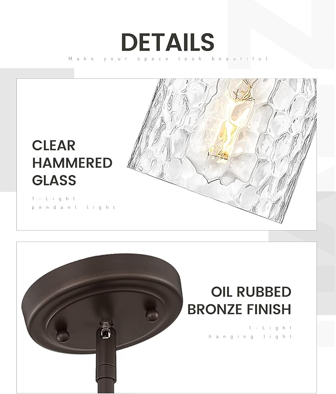 zeyu Bronze Adjustable Pendant Lighting, 2 Pack Hanging Kitchen Lights, 1-Light Farmhouse Glass Pendant Light with Clear Hammered Glass, Oil Rubbed Bronze Finish, ZJF63MIL-2PK ORB