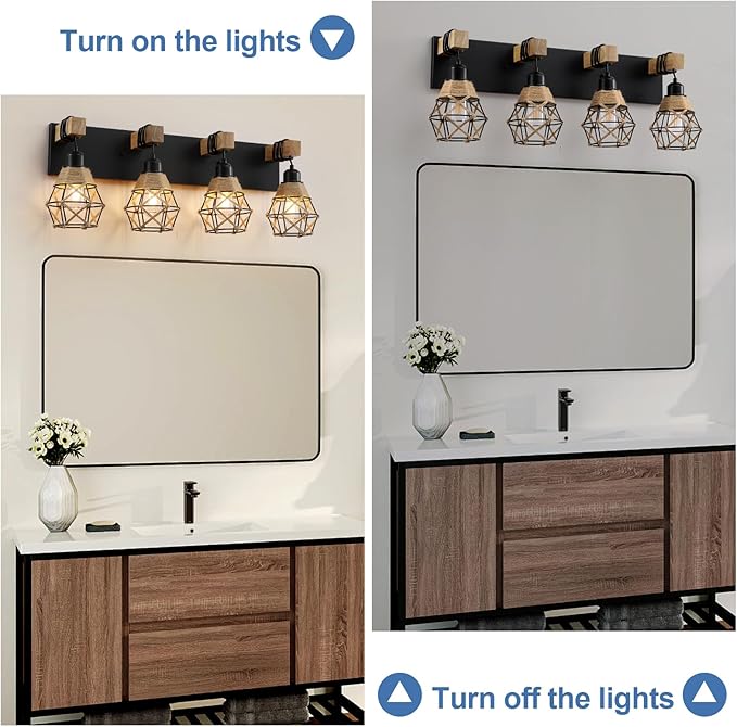 LmnLvn Farmhouse Bathroom Light Fixture, 4-Light Black Rattan Vanity Light, Boho Bathroom Light Fixture Over Mirror Rustic Vanity Lighting with Handwoven Shades, Suit for Restroom, Bedroom, Hallway