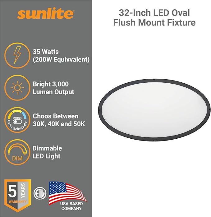 Sunlite 32" Oval Double Band Trim Flush Mount Light Fixture, 35 Watts, 3000 Lumens, Color Selectable 30K/40K/50K, Dimmable, ETL Listed, Matte Black, for Commercial & Residential Use
