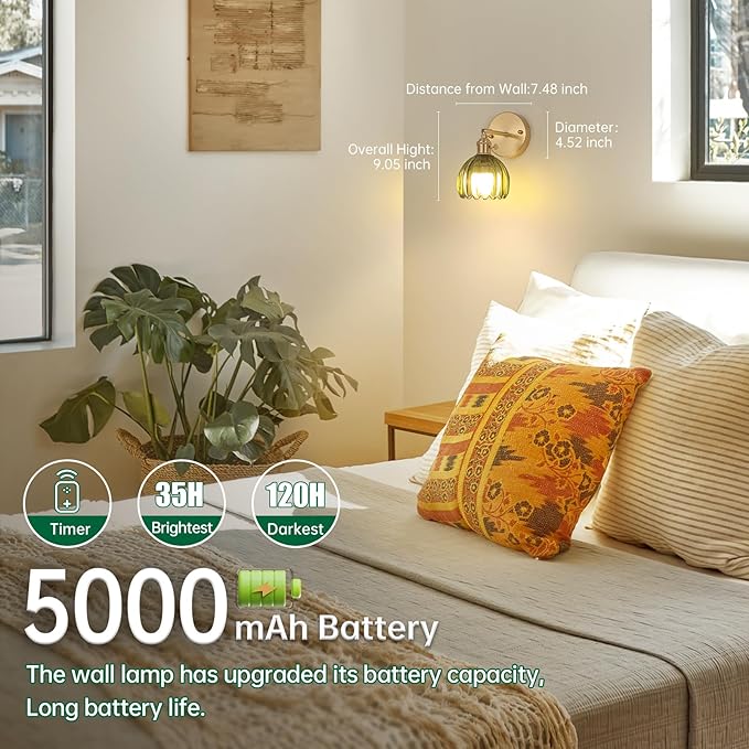 Shenmoyl Vintage Battery Operated Wall Sconce with Green Tulip Glass Lampshade 5000 mAh Rechargeable Battery Powered Wall Light with Remote Control for Bedside Bedroom Doorway, Set of 2