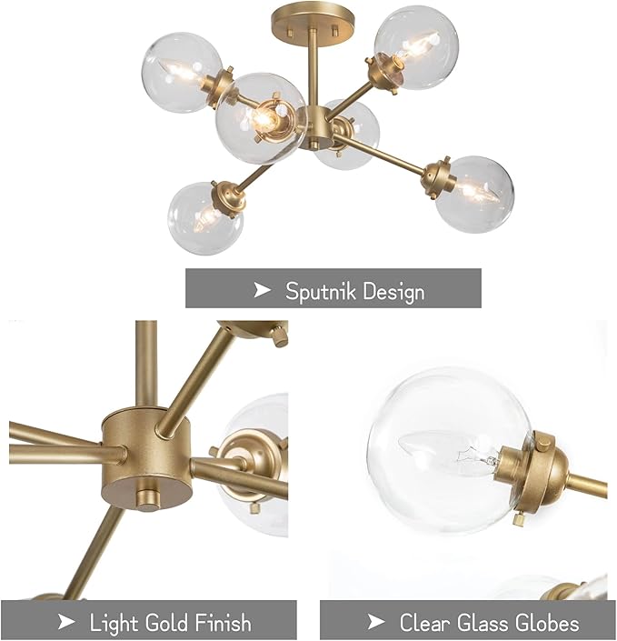 KSANA Gold Semi Flush Mount Ceiling Light, 6-Light Modern Close to Ceiling Hallway Light Fixtures with Clear Glass Globe for Bedroom, Kitchen