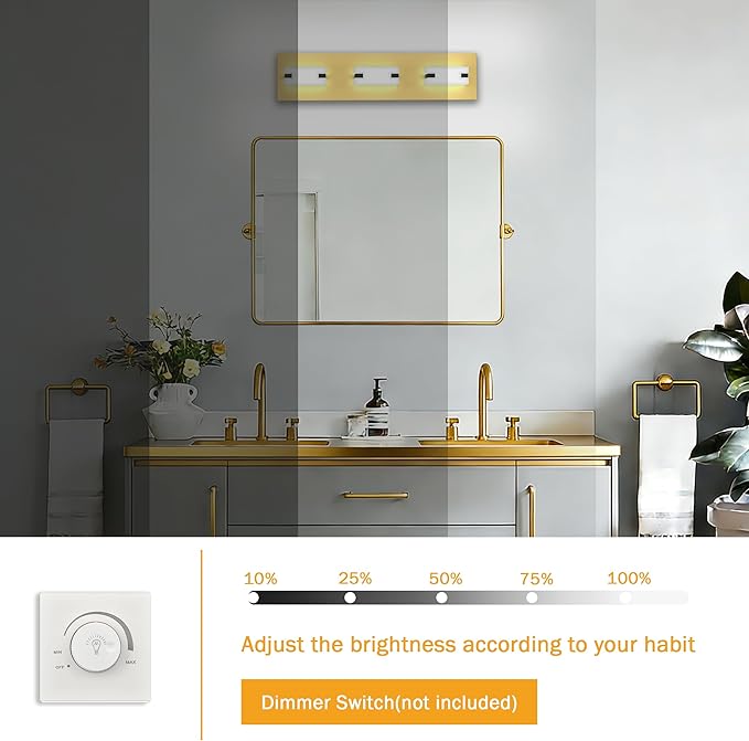 LED Bathroom Light Fixtures, 3-Light Modern Vanity Lights with Milky White Frosted Acrylic Shades, Gold Bathroom Lighting fixtures Over Mirror, ETL Listed, 20W (Cool White 5700K)