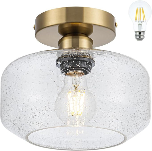 Tbaoinal Semi Flush Mount Ceiling Light Seeded Clear Glass Shade Matal Base, Inclede 900 LM LED Bulb, Low-Profile for Kitchen/Hallway/Entryway/Bathroom,Bronze Color