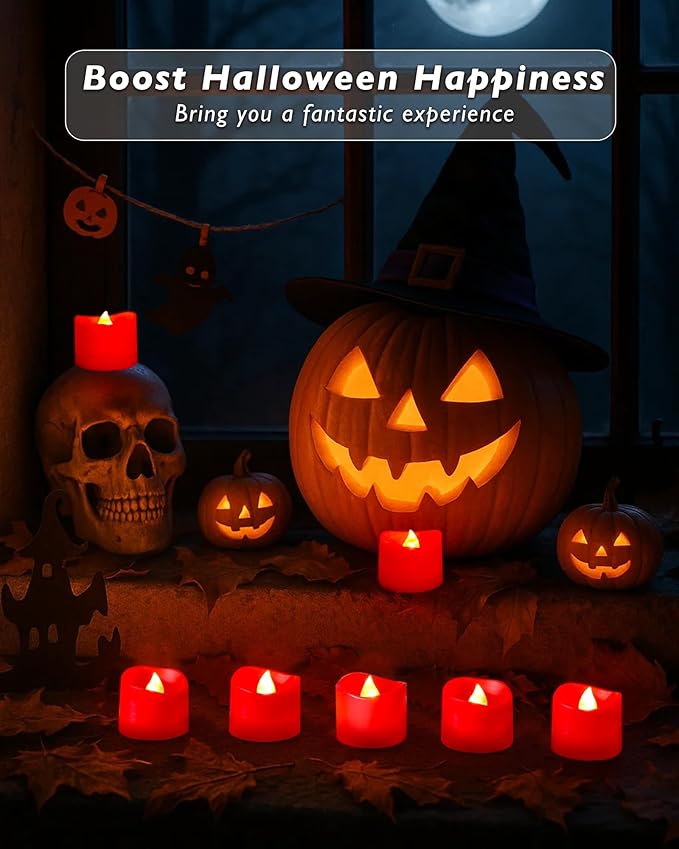 Raycare Red Battery Operated Tea Lights, 200+Hour Electric Flickering Flameless Candles, Realistic Votive LED Tea Lights for Wedding Party Table Halloween Christmas Decorations, Pack of 12