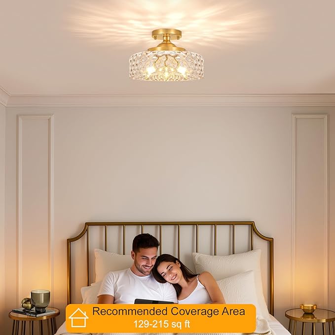 Gold Semi Flush Mount Ceiling Light, 3-Light Ceiling Light with Hammered Glass, Vintage Hallway Lights, Brass Closet Light Fixture, Kitchen Flush Ceiling Mount for Entryway Bedroom Bathroom,E12