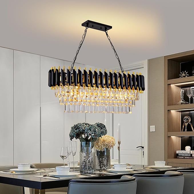 Modern Crystal Chandeliers for Dining Room Black and Gold Luxury Chandelier Living Room 10-Light Pendant Light Fixture Oval Contemporary Ceiling Hanging Light for Kitchen Dining Room