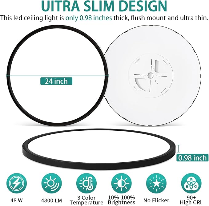 24 Inch LED Flush Mount Ceiling Light Fixture,Dimmable Ultra Thin Low Profile,48W 4800 Lumens,3 CCT Color Selectable,Modern Round Black Ceiling Light for Living Room,Bedroom,Kitchen,Office