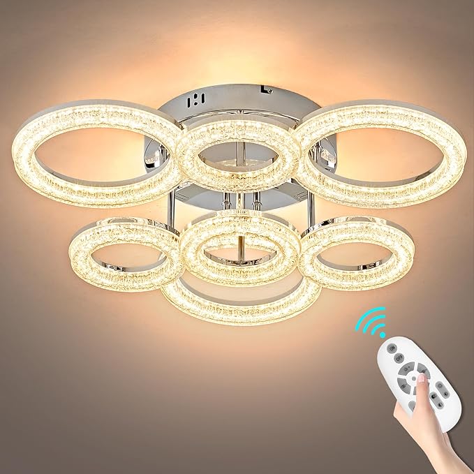 OKELI Modern Ceiling Light, 7 Rings 23'' Dimmable LED 106W Flush Mount Ceiling Lights with Remote Acrylic Crystal Round Ceiling Light Fixture, Bedroom Living Room Dining Room, Chrome