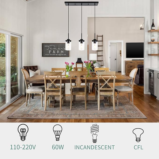 Pendant Lights Fixtures with Clear Glass Black Kitchen Light fixtures 3-Lights Hanging Light for Kitchen Island Dining Room Height Adjustable