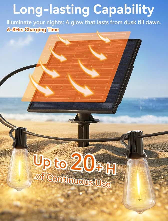 Brightever 36FT Solar String Lights Outdoor Waterproof with Remote, 12+1 Shatterproof ST38 LED Bulbs, Warm White & 3 Lighting Modes, Dimmable Outdoor Solar Lights for Patio, Camping, Party