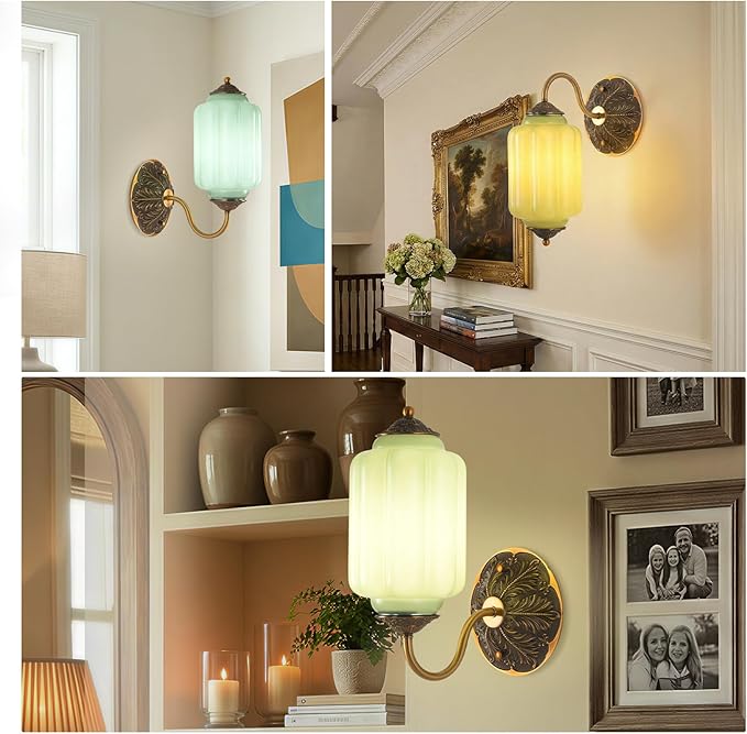 LOUSACE Antique Gold Wall Sconce with Green Milk Glass Shade, Vintage Brass Wall Light Fixture, Mid Century Restro Bathroom Vanity Light, Indoor Lighting for Bedroom Living Room Hallway