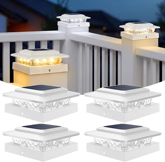 kolpop 4x4 Solar Post Cap Lights Outdoor 4Pack- 3 Color Temperatures&2 Level Brightness, IP65 Waterproof, 16 LED Fence Deck Post Light Solar Powered Only for 4×4/3.5×3.5 Wood/Vinyl Posts(White)