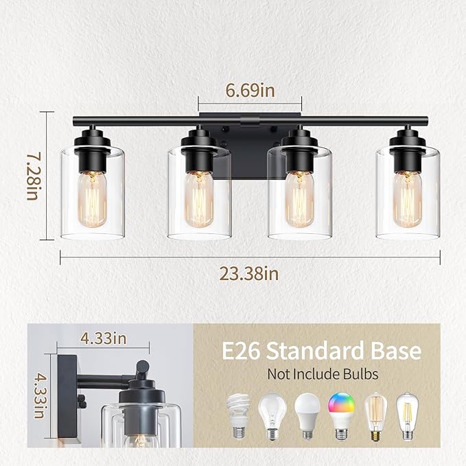 SKEJAO Bathroom Vanity Lights Over Mirror,Bathroom Light Fixture Wall Sconce Lighting for Bedroom,Living Room (Black, 4-Light)