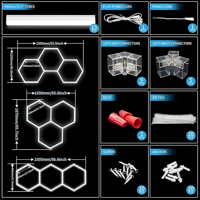 Hexagon Garage Light 3 Hex, 105W 12600LM, 6500K Super Bright Honeycomb LED Ceiling Light for Garage, Workshop, Basement, Gym, Car Detailing Shop