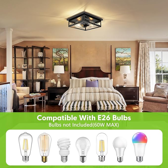 2 Pack Farmhouse Ceiling Light Fixture - Industrial Square Modern Black Flush Mount Ceiling Light for Kitchen, Hallway, Bedroom, Balcony, Porch, Stairway, E26 (Black, 10 Inch)