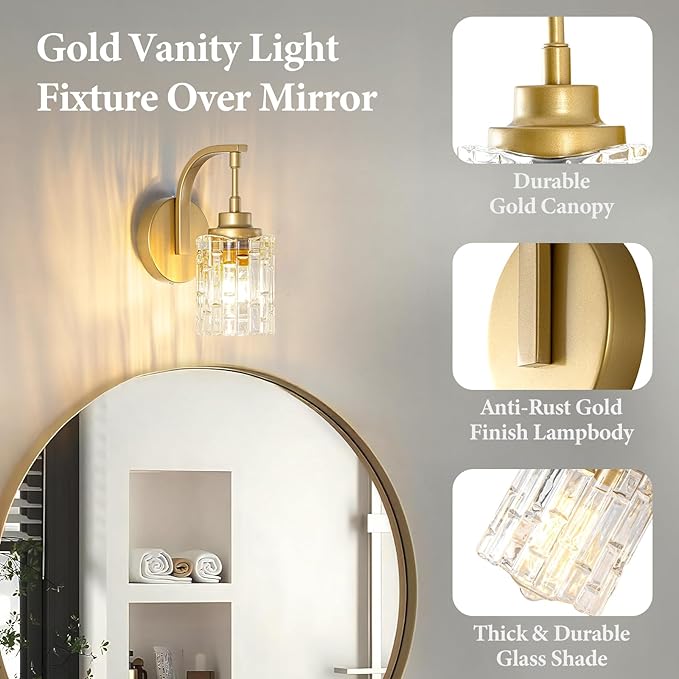 Gold Bathroom Wall Sconce Light,1-Light Vintage Brass Sconces with Clear Glass Shade,Hardwired Wall Mount Lighting for Mirror Bedroom Hallway Kitchen