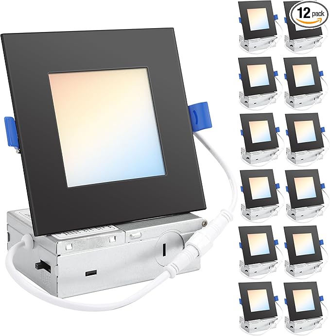 HONZIN Square LED Recessed Lighting 4 Inch, 5CCT Ultra Thin Led Recessed Ceiling Lights 12 Pack, Selectable 2700K/3000K/3500K/4000K/5000K, 9W, IC Rated, Dimmable Square Black Trim with Junction Box