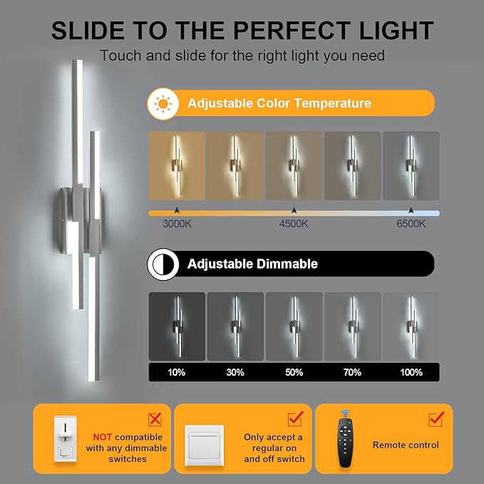 Benkut Modern LED Wall Sconce Silver Remote Wall Light Fixtures for Bathroom, Dimmable Vanity Light Indoor LED Remote Wall Sconce for Living Dining Room Bedside Bedroom(3000-6500K 35.4inch)